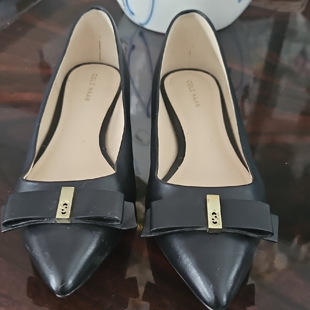 Cole Haan Black Heels with Gold Bow Detail